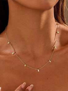 1pc Elegant Minimalist Gold-Tone Square Stainless Steel Necklace, Versatile Choker Necklace For Women, Suitable For Daily Wear, Valentine's Day Gift - Gold - View 2