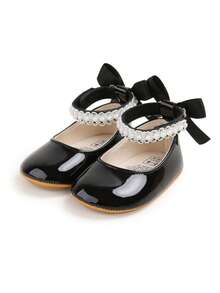Newborn Infant Girls' Mary Jane Flats With Bow, Non-Slip Soft Bottom PU Leather Infant Prewalker Shoes With Pearl Ribbon - Black - View 9