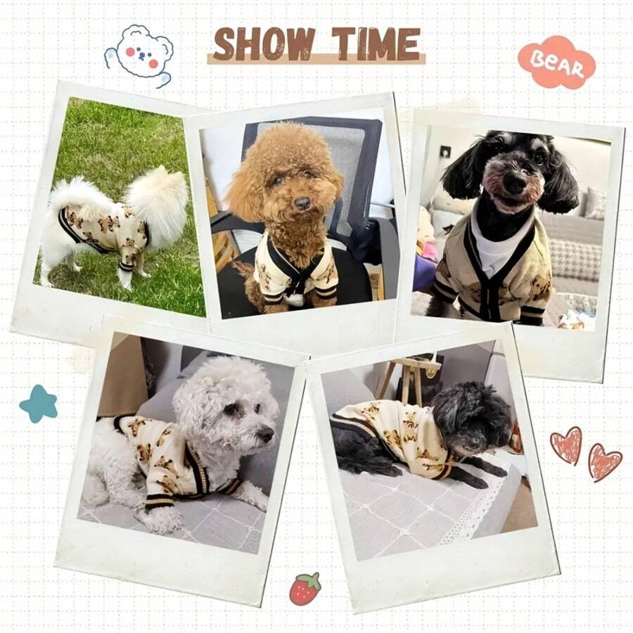 Cartoon Dog & Cat Print Cardigan Sweater, Autumn/Winter Cute Bear & Pet Dog/Cat Full Print Sweater Cardigan For Small/Medium Pets