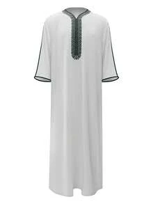 Men's Embroidered Robe Thobe, Men's Solid Color Pullover Gandoura Thawb, Traditional Arabic Men Gandoura Thobe Robe With Pockets - White - View 2