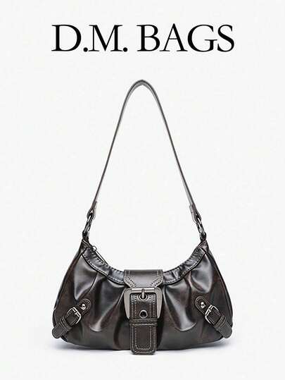 Y2K Women's Vintage Miradet Distressed Soft Leather Motorcycle Bag With Rivets, Buckle Decor, Pleated Cloud Shoulder/Underarm Bag, Suitable For Work, Commute, Date, Party