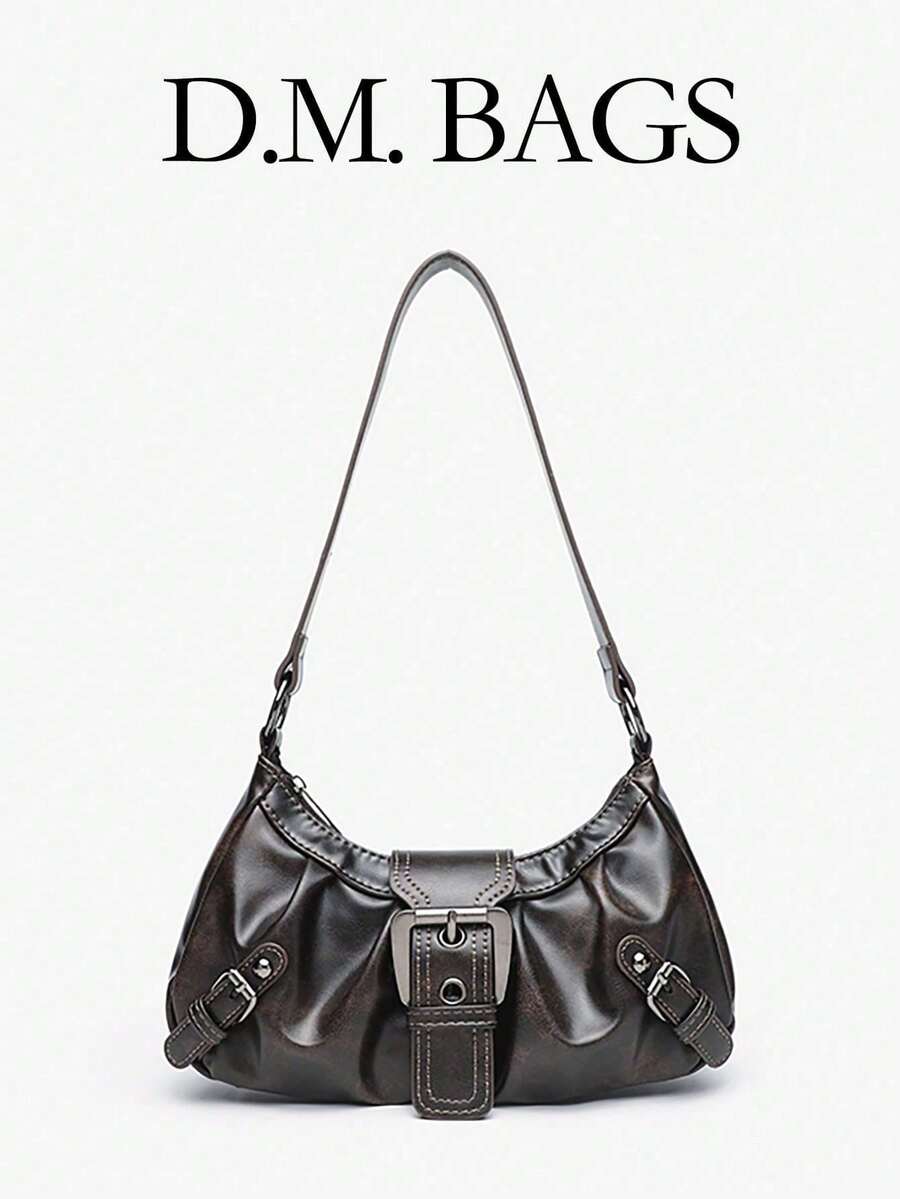 Y2K Women's Vintage Miradet Distressed Soft Leather Motorcycle Bag With Rivets, Buckle Decor, Pleated Cloud Shoulder/Underarm Bag, Suitable For Work, Commute, Date, Party - Coffee Brown - View 1