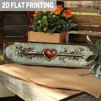 1 件 2D 平面乡村风格心形花卉金属标牌，浪漫花卉墙饰，墙面艺术，适用于卧室、客厅、婚礼、周年纪念、情人节装饰，尺寸 9.98 x 39.98 厘米，2D 平面，孔位随机