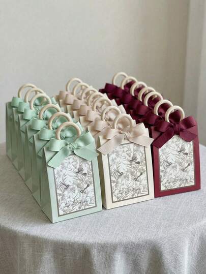 10pcs Elegant Vintage French-Style Paper Gift Boxes Featuring Birds And Flowers, With Ribbon Handles-Perfect For Weddings, Bridal Showers, Birthdays, Bridal Gifts, And Bridal Shower Decorations