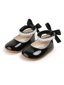 Newborn Infant Girls' Mary Jane Flats With Bow, Non-Slip Soft Bottom PU Leather Infant Prewalker Shoes With Pearl Ribbon - Black - View 5