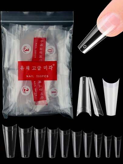 500PCS 10 Size Clear Coffin Acrylic Nails, Fake Nail Coffin Shape Long, Half Cover Shaped Ballerina Nails Tips,DIY Nail Salon Art