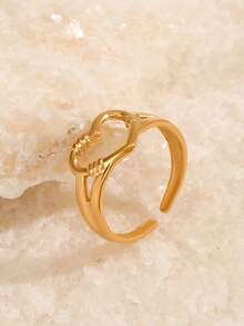 1 pieza Anillo abierto con forma de corazón chapado en oro de 18K de acero inoxidable, adecuado para uso diario de mujeres, citas, vacaciones, regalo - Dorado - Ver 3