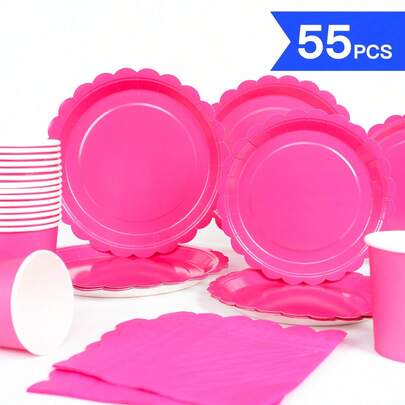 Rose Pink Petal Shaped Disposable Plates, Napkins, Cups - One-Time Party Supplies Set, Suitable For 10 Guests, Disposable Paper Plates Party Tableware For Birthday, Wedding, Picnic