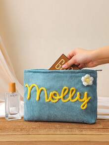 个性化伴娘化妆包，定制雪尼尔名字旅行收纳袋，灯芯绒洗漱包，单身派对回礼，沙滩收纳包 - 彩色 - 查看 4