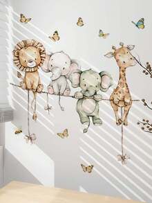 1pc Cute Small Cartoon Animal Bow Decor Wall Sticker, Giraffe, Elephant, Lion, Removable Wall Decal For Bedroom, Living Room - 1PC - View 3