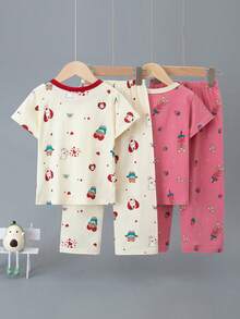 4pcs Girls Lightweight Pajama Set, Girls Short Sleeve Pants Set Casual Homewear, Spring/Summer Bear Print - Multicolor - View 2