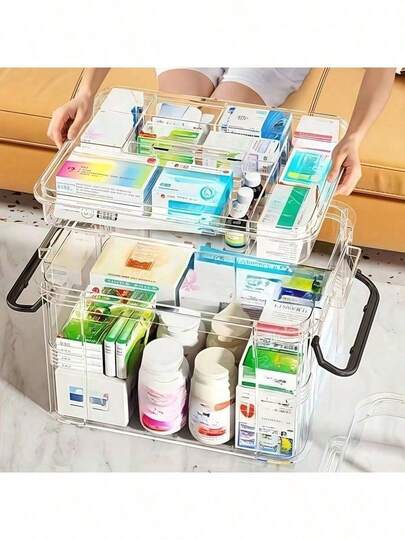 1个高透明多层家用药柜，大容量，带把手和锁扣设计，加厚PP材质，防尘防潮，可堆叠，适用于存放药品、保健品、医疗用品，分层分类，稳固的储物盒，简约现代实用收纳整理盒