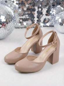 Zapatillas de tacón cuadrado de altura media para mujer de moda, con hermoso acabado y pulsera con hebilla ajustable en tobillo, perfecto para ocasiones especiales, fiestas o para añadir un toque glam a tu outfit. La punta redonda y el tacón cuadrado aseguran estabilidad y comodidad, mientras que la pulsera ajustable en el tobillo brinda comodidad y elegancia. - Beis - Ver 4