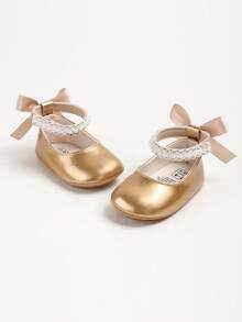 Sepatu Flat Mary Jane untuk Bayi Perempuan Baru Lahir, Dekorasi Pita, Sol Lembut Anti Selip, Sepatu Bayi Pra-berjalan dari Kulit PU, Pita Mutiara - Emas - View 6