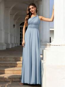 Volly Toych Elegant Sleeveless Chiffon Maxi Bridesmaid Dress With Asymmetric V-Neck And Ruched Detail, Suitable For Wedding Guests - Dusty Blue - View 5