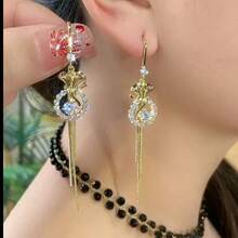 1 Pair New Chic Tassel Long Earrings, Pineapple Full Rhinestone Super Shiny Luxury Earrings, Delicate Earring Hooks - Gold - View 2