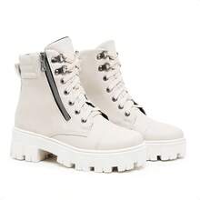 Bota Coturno Com Ziper Vertical Tratorado Cano Curto - Bege - Visão 3