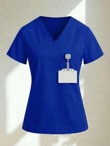 Conjunto uniforme médico quirúrgico set 2 piezas dama mujer manga corta cuello v pantalón jogger resorte cordón cómodo - Azul - Ver 3