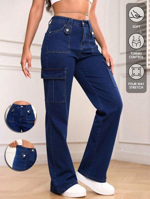 Jeans Rectos de Cargo de Alta Elasticidad de Cintura Media de Color Azul Oscuro para Mujer, Pantalones que Levantan las Nalgas