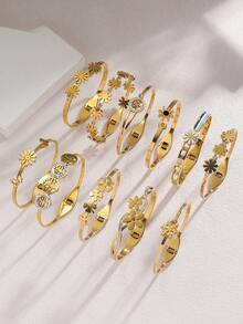 Colección de pulseras elegantes de acero inoxidable dorado - Margarita / Árbol de la Vida / Elementos Florales, pulsera de lujo y versátil - Multicolor - Ver 7