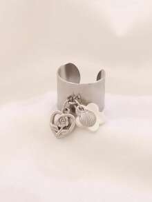 1 pieza Anillo redondo de joyería impermeable para mujer con colgante de acero inoxidable en forma de rosa y corazón, flor dorada y concha - anillo - Ver 2