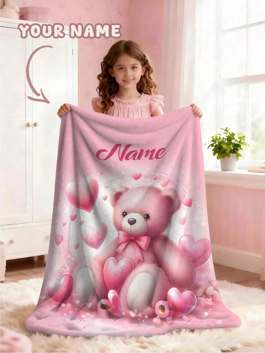Personalized Text Blanket With Cute Bear Pattern, Newborn Baby Memorial Throw Blanket, Lightweight Milestone Blanket