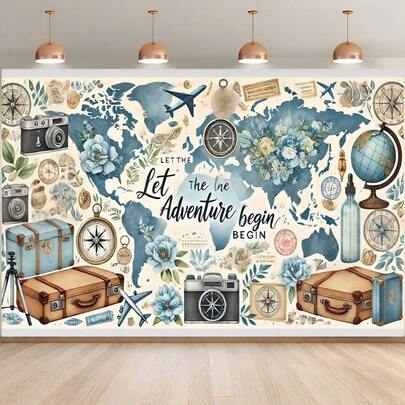 Let Adventure Begin Travel Tapestry Vintage Blue And Beige Exploration Design,, Suitcase, Floral Decoration Lightweight Polyester Wall Hanging, Suitable Living Room, Bedroom, Office, Party Decoration No Electricity Required, Traveler's Journey Decoration, HighQuality Printing, 2D Flat