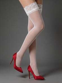 1 Pair Women's White Thigh High Stockings, Lace Trim Sheer Thigh Highs Silky Pantyhose With Silicone Non-Slip, Sexy Over-The-Knee Lace Socks For Summer Beach Holiday Birthday Party - Multicolor - View 9