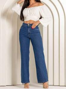 Women's Wide-Leg Jeans, Medium Blue, 100% Cotton. - 中藍色 - 查看 4