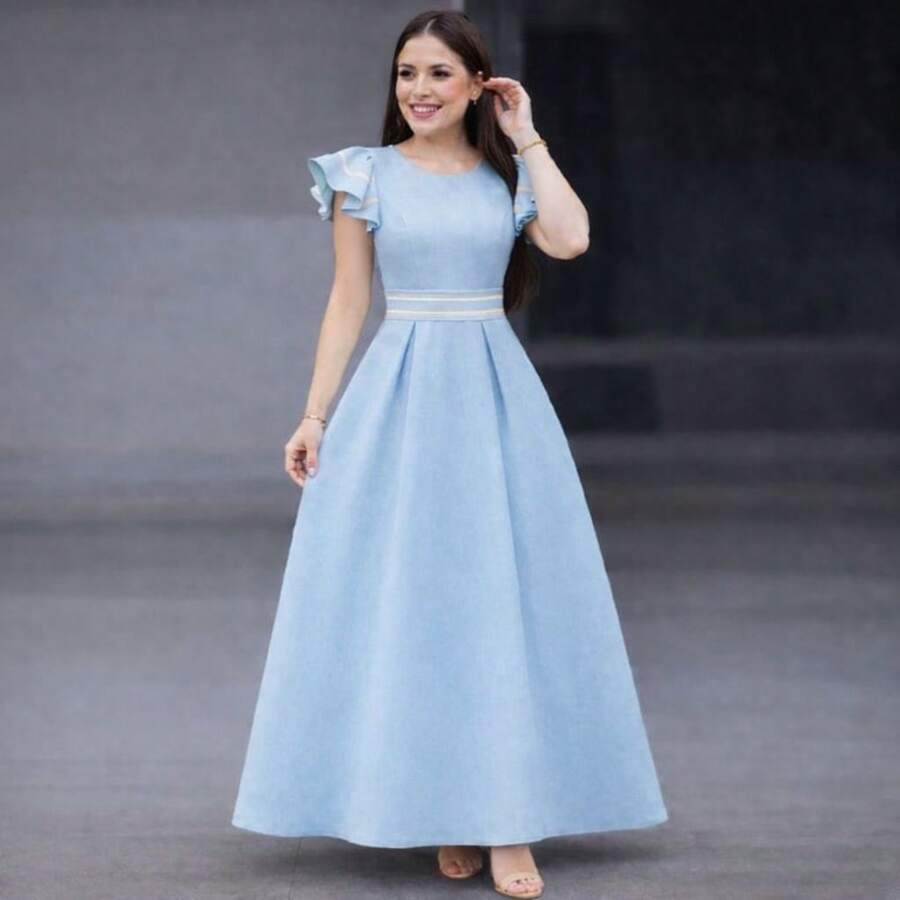 Elegant Midi Long Summer Dress For Women, Wedding/Party, Blue/Yellow Clothing For Women - Màu xanh nhạt - Xem 1