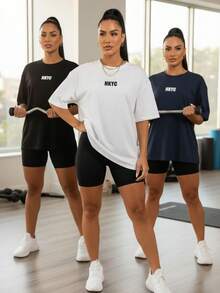 SET OF 3 WOMEN'S T-SHIRTS IMMEDIATE SHIPPING HYKC FOR WORKOUTS, GYM AND EVERYDAY CASUAL CHIC LOOKS, EASY AND TIMELESS - BLACK, WHITE aND NAVY BLUE - View 2