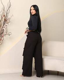 Women's Wide Leg Cargo Pants, High Waist, Tailored, Marrant Style, Palazzo Pants With 4 Utility Pockets, Premium Streetwear - 黑色 - 查看 6