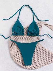 wohenmeili Conjunto de biquíni frente única para férias de verão feminino - Verde escuro - Ver 9