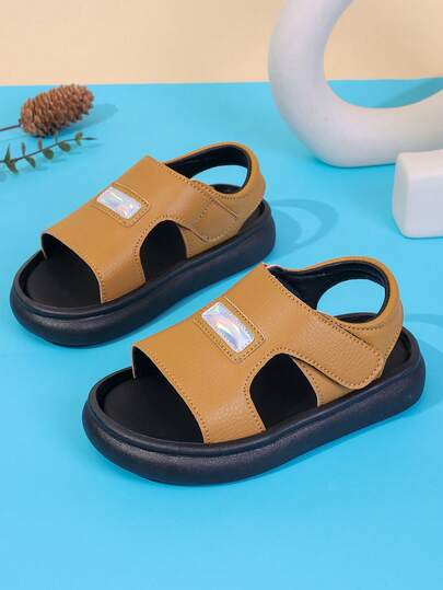 1 Pair Unisex New PU Hook And Loop Design Flat Cute Sandals, Shock-Absorbing Non-Slip Children Beach Shoes, Fashion Versatile Student Sports Sandals Suitable For Summer Daily Wear And Beach Vacation