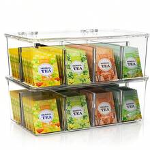 Stackable PET Tea Bag Storage Box, Kitchen Cabinet & Countertop Organizer For Coffee, Sugar Packets, Tea Bags, Coffee Pods, Adjustable Dividers - Clear - View 3