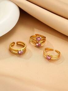 3pcs Stainless Steel 18K Gold Plated Heart Shaped Ring Set, Inlaid With Pink Zirconia, Suitable For Women Wear Or Gift - Yellow Gold - View 4