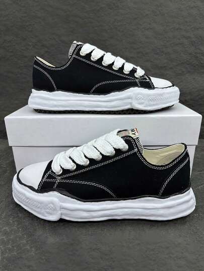 New MMY Shoes Classic Black And White Men's Retro Casual Sneakers - Low-Top Lace-Up Shoes With A Breathable Fabric Upper, Cushioned Rubber Sole Black Accents For All-Season Comfort And Everyday Wear. Minimalist Design With Fabric Upper
