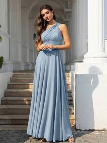 Volly Toych Elegant Sleeveless Chiffon Maxi Bridesmaid Dress With Asymmetric V-Neck And Ruched Detail, Suitable For Wedding Guests - Dusty Blue - View 4