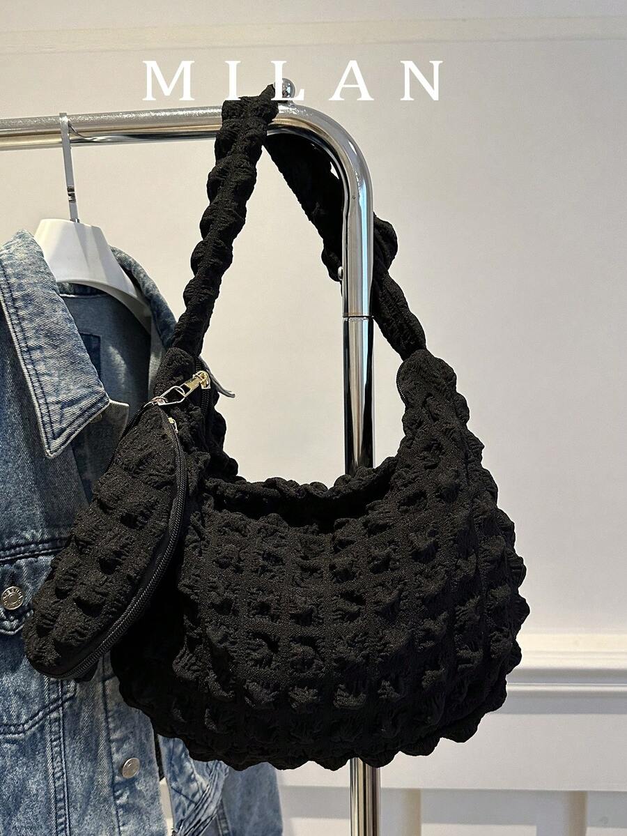 Fashionable Ruffle Cloud Shaped Crossbody Bag - Black - View 1