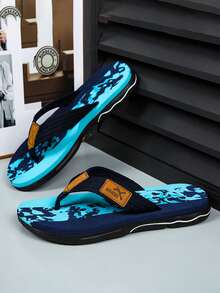 Men's Beach Woven Faux Fur Splicing Flip Flops, Spring/Summer - Blue - View 2