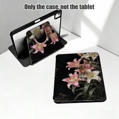 1个翻盖式桌面保护套，带笔槽，白色百合和粉色百合图案，360°旋转支架，内置笔槽，PU皮革材质，具备自动休眠/唤醒功能，兼容三星A9/A9+/S9/S9FE/A11/A11+/S11/S10 FE/S10 FE+/S10 Lite等热门机型，也兼容苹果Air 5/6、荣耀等品牌，适合作为返校季、情人节、节日礼物。
