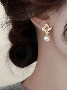 1 Par de Brincos Elegantes com Zircônia Cúbica e Pérola Sintética para Mulheres - Ideal para Casamento, Noivado, Aniversário, Festas e como Presente de Dia dos Namorados - 1# - Ver 5