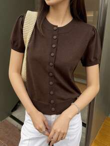 GIGOGOU Áo khoác cardigan dệt kim tay ngắn cho nữ mùa xuân hè, kiểu dáng thoải mái, thoáng khí, ôm sát, đơn giản. - Cà phê nâu - Xem 3