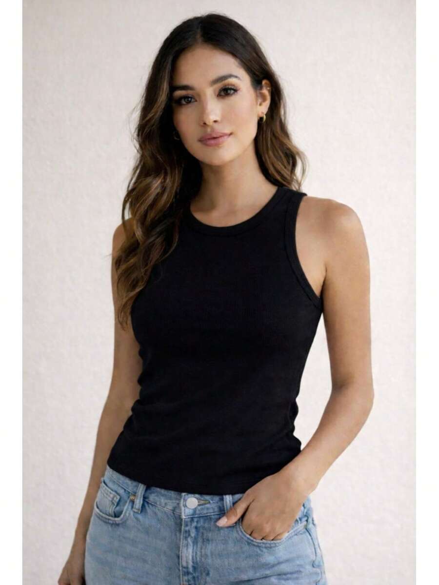 Women's Basic Ribbed Premium Sleeveless Tank Top, Comfortable, Fitted To The Body, Casual, Gym, Everyday, Women's Fashion - 黑色 - 查看 1