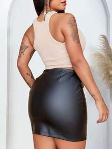 Short Skirt With 2 Zippers In Black Faux Leather, High Waist, Party - màu đen - Xem 2