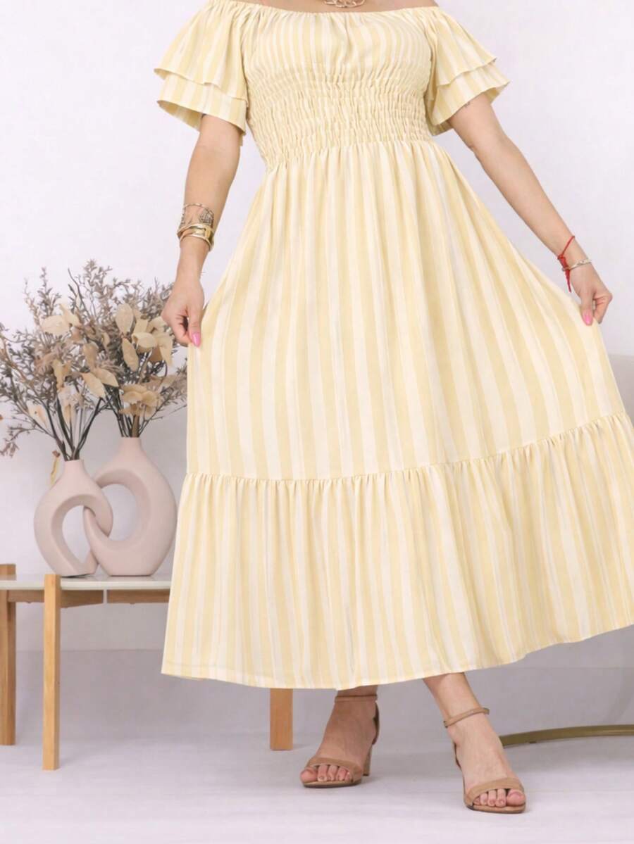 Women's Midi-Length Dress,  Style, Puff Sleeves, Princess Style, Elasticated Smocking, Floral Print. - 黃條紋 - 查看 1