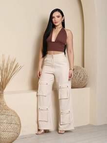 Women's Wide Leg Cargo Pants, High Waist, Tailored, Marrant Style, Palazzo Pants With 4 Utility Pockets, Premium Streetwear - 米色 - 查看 1