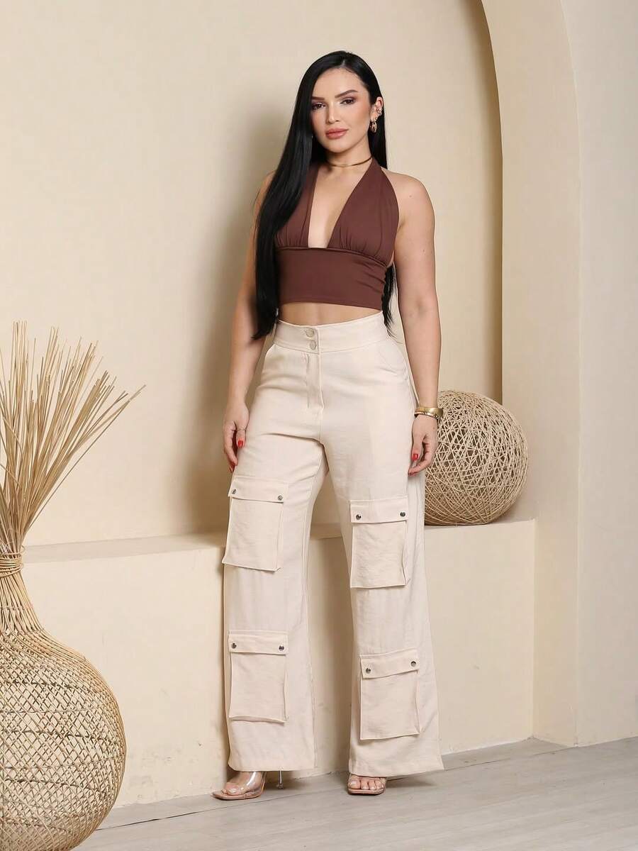 Women's Wide Leg Cargo Pants, High Waist, Tailored, Marrant Style, Palazzo Pants With 4 Utility Pockets, Premium Streetwear - 米色 - 查看 1