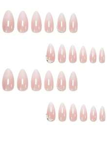 24片中号杏仁形美甲贴片，白色法式渐变设计，饰以白色花朵和仿珍珠，包含1片果冻胶和1个指甲锉，适合女性和女孩日常佩戴以及情人节派对等场合。 - 白色 - 查看 3