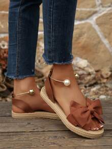 Sandal đế bằng thời trang mềm mại, màu trơn, kiểu nơ, thích hợp cho nữ đi biển hoặc du lịch. - màu nâu - Xem 8